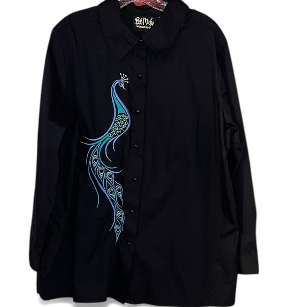 Black Shirt with Peacock Embroidery Bob Mackie 22